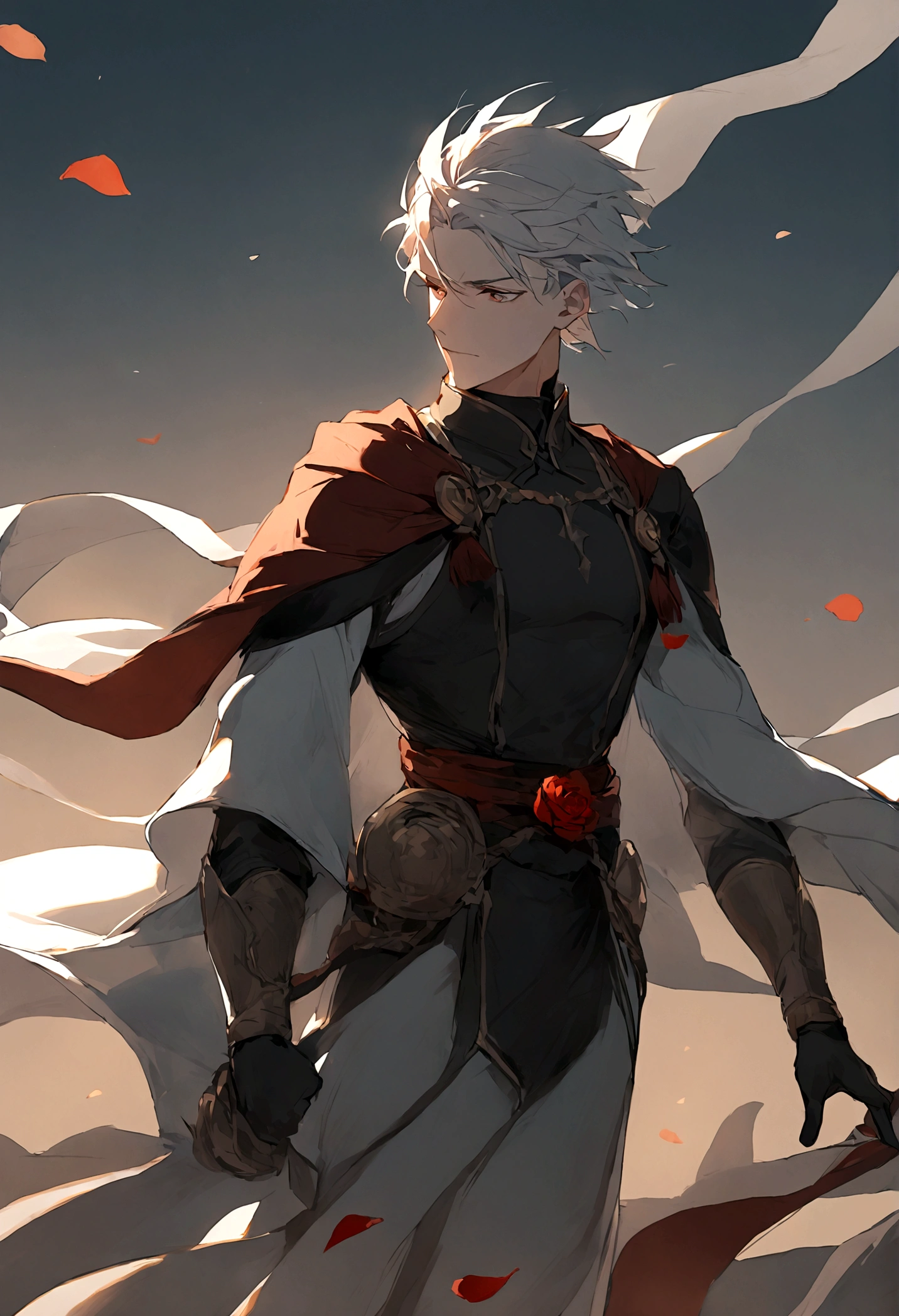 1 male,((Rose少年)),Flower petals flying,Aesthetic,Rose,best quality,Strong wind,only one person