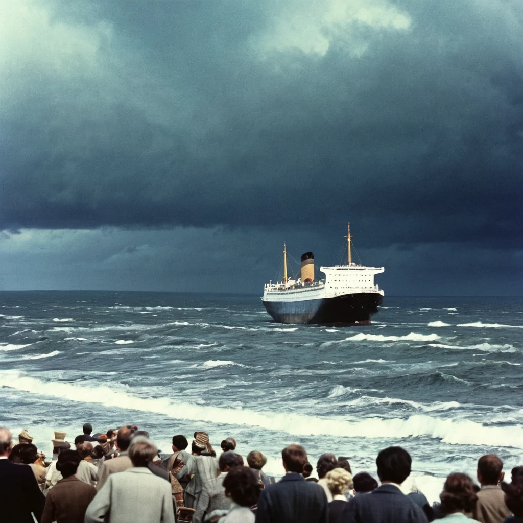 1970s,Lots of people by the sea,man,woman,British,Poor people,Close shot,far away,A big ship is coming on the sea,Waves,Sky,dark clouds,Low saturation photography,high quality,high resolution