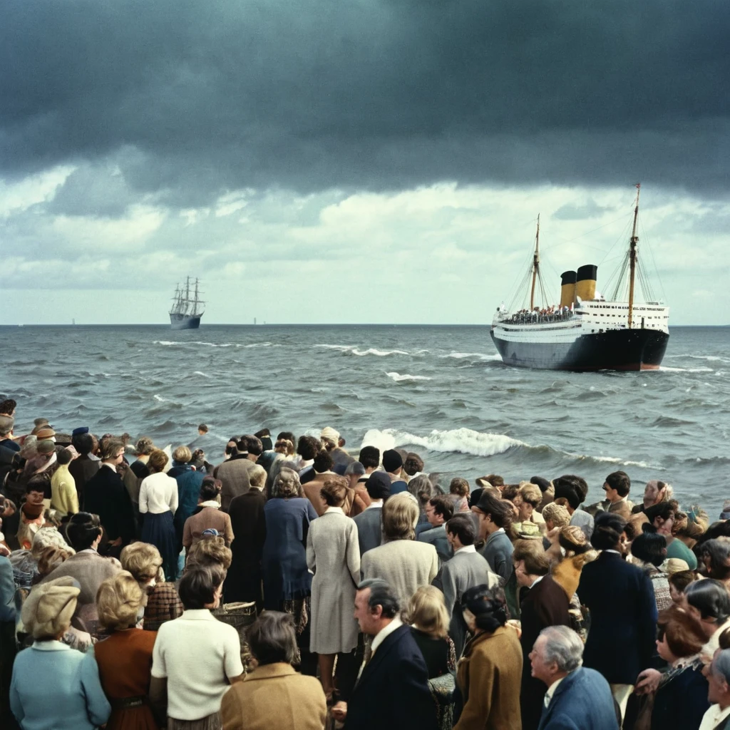 1970s,Lots of people by the sea,man,woman,British,Poor people,Close shot,far away,A big ship is coming on the sea,Waves,Sky,dark clouds,Low saturation photography,high quality,high resolution