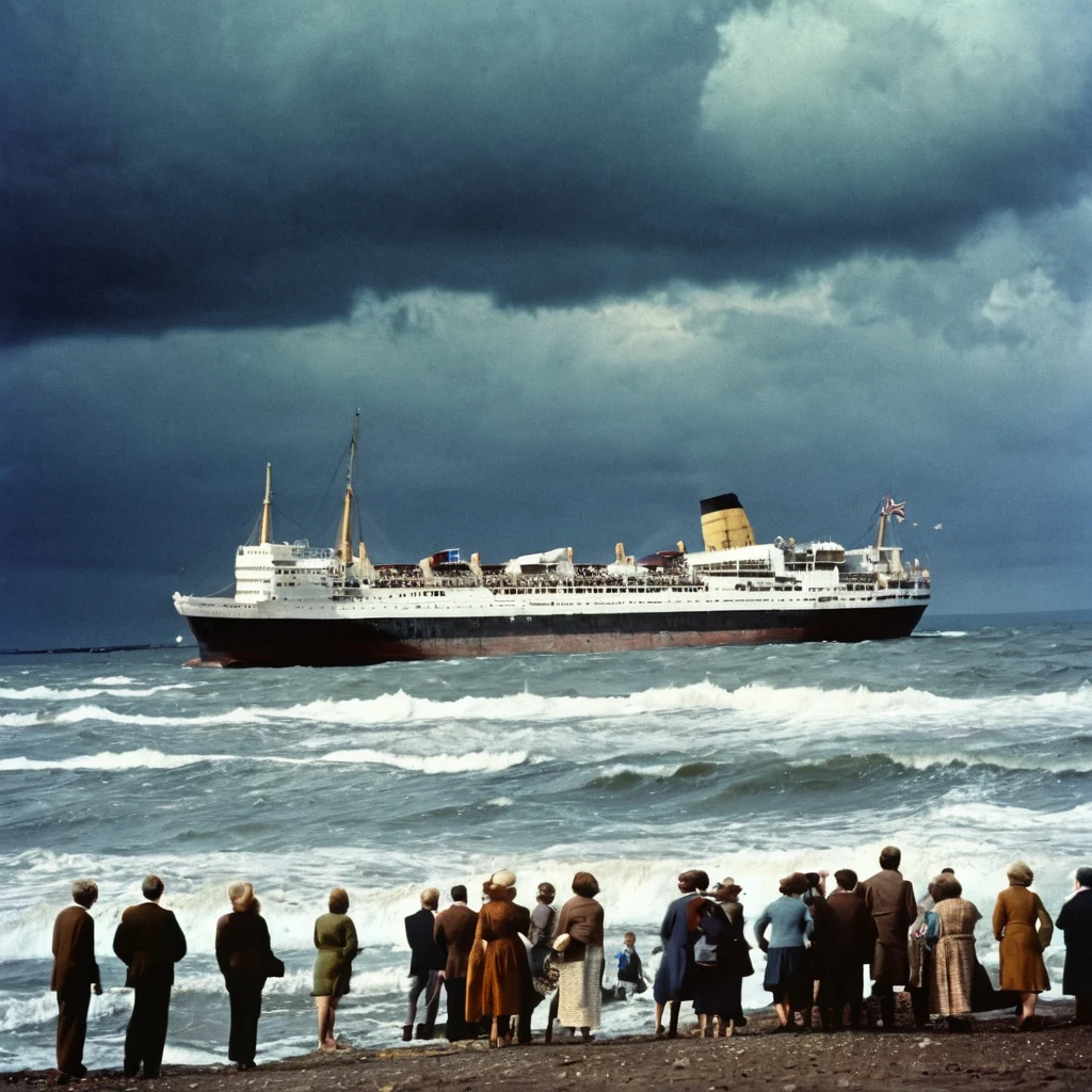 1970s，Lots of people by the sea，man，woman，British，Poor people，Close shot，far away，A big ship is coming on the sea，Waves，Sky，dark clouds，Low saturation photography，high quality，high resolution