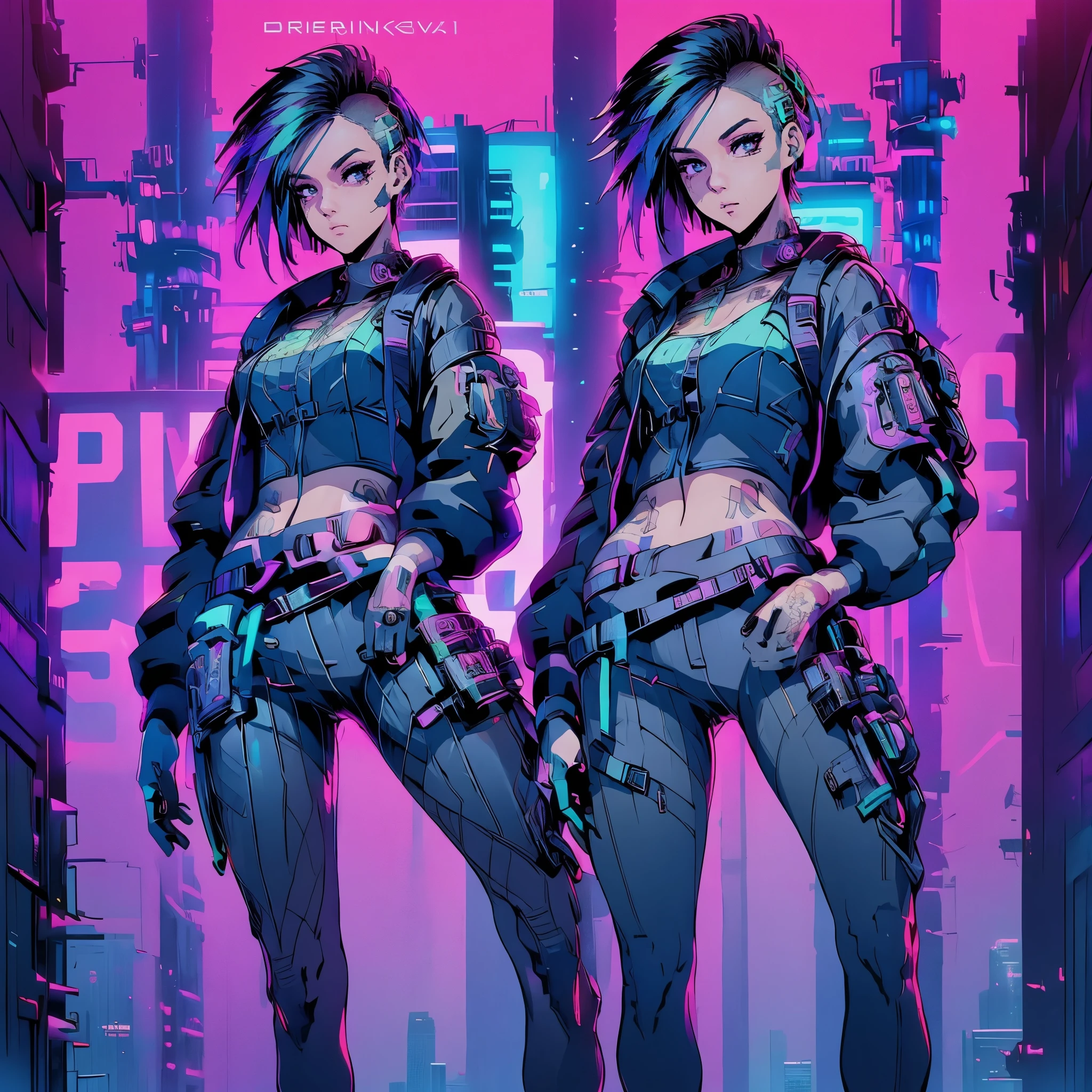 Create an anime-style, high-resolution, ultrasharp 8K masterpiece of Judy Alvarez from "Cyberpunk 2077." She has a punk-inspired look with partially shaved sides and the rest of her hair dyed in vibrant colors. Her expressive eyes are highlighted with bold, edgy makeup. She sports a series of intricate tattoos covering her neck, arms, and torso, adding to her rebellious aura. Judy wears a stylish, futuristic outfit with a mix of leather and neon accents, embodying the gritty, cyberpunk aesthetic. The background should reflect the neon-lit streets of Night City, emphasizing the urban, high-tech environment. Capture her confident, determined expression as she stands ready, showcasing her role as a skilled braindance technician and fierce protector of the marginalized.