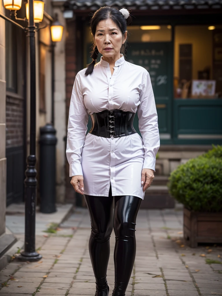 ((best quality)), ((Masterpiece)), (4k details), photorealism, full body, (((Old Asian woman))), ((Age 70)), tight black latex leggings, white cotton dress shirt, purple leather waist corset, Big muscles, Twintail hairstyle, Eyes on the camera,