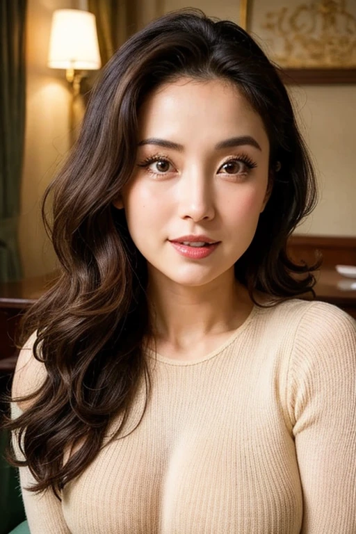 Highest quality Beauty Late 20s Square face sexy_Big eyes_Slanted Eyes mascara Arched Eyebrows Thick lips smile White skin The front hair is up_Medium Hair Staring at me_Seductive pose_Close-up shot Upper Body Lower your arms_Perfect hands Brown_Long sleeve_knit The background is the hotel Natural light
