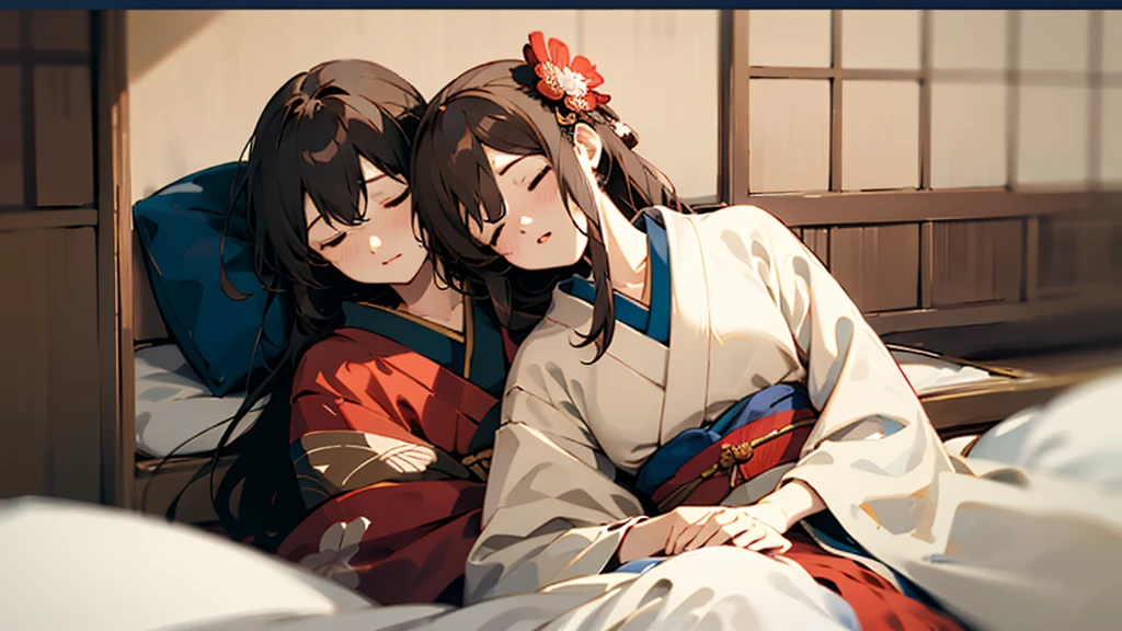 masterpiece, Highest quality, Highest quality, masterpiece, High resolution, concentrated,Japan,Japanese,Japan,Japanese style,Waka,Chihayafuru,words,vocabulary,Sleep,Sleep学習,Twelve-layered kimono,No text,Two people