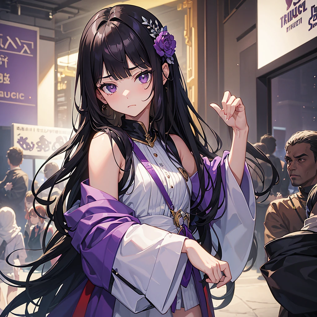 best quality,masterpiece,1 Girl,With a proud expression, he frowned and pouted.,looking at the audience,black hair,Purple Eyes,blunt bangs,curls,Big ,