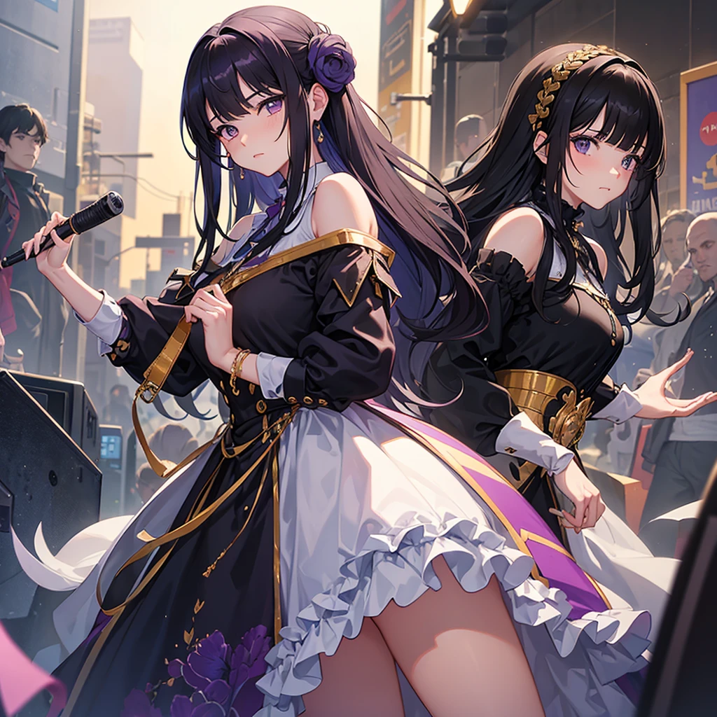 best quality,masterpiece,1 Girl,With a proud expression, he frowned and pouted.,looking at the audience,black hair,Purple Eyes,blunt bangs,curls,Big ,