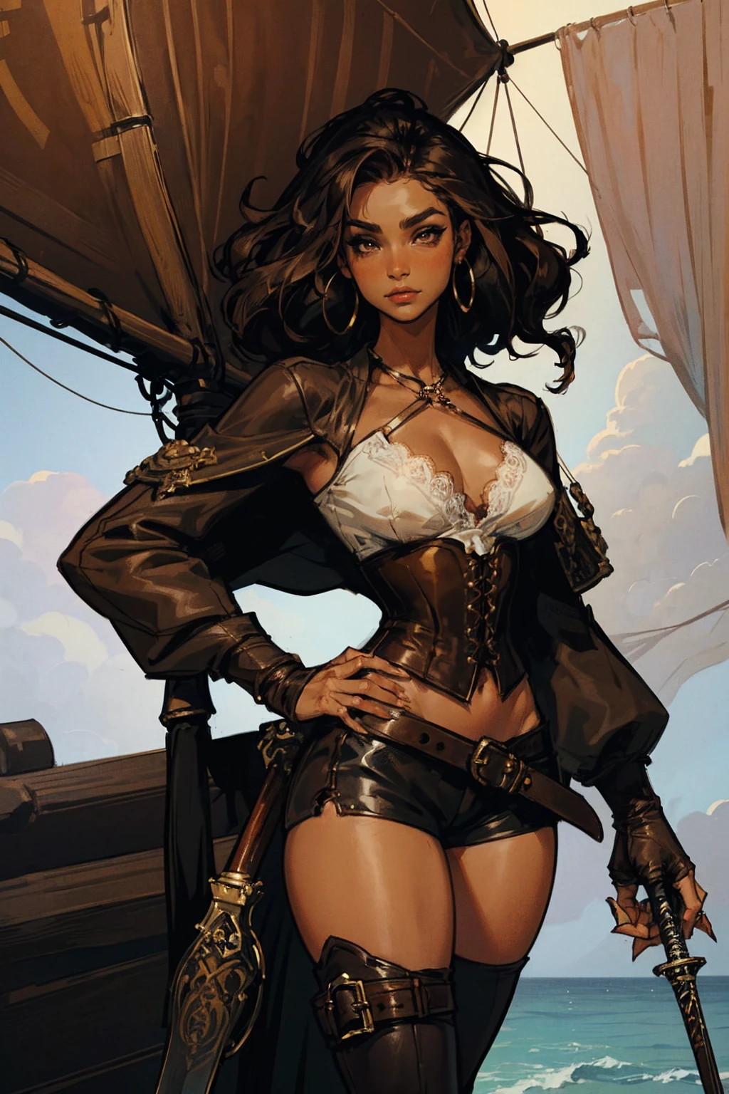 (masterpiece), best quality, expressive eyes, perfect face, (pirate ship background), (standing), (smirk), (closeup view), (1girl, vanessa alessia, dark skin, tanned skin, brown hair, wavy hairstyle, brown eyes, hourglass figure, thin body, skinny body, petite_body, medium breasts, thick thighs, long fingernails, white front lace blouse, long sleeve, loose fit, brown leather corset, brown leather shorts, brown boots, sheathed cutlass sword, flintlock pistol in holster, hoop earrings, miscellaneous jewelry)