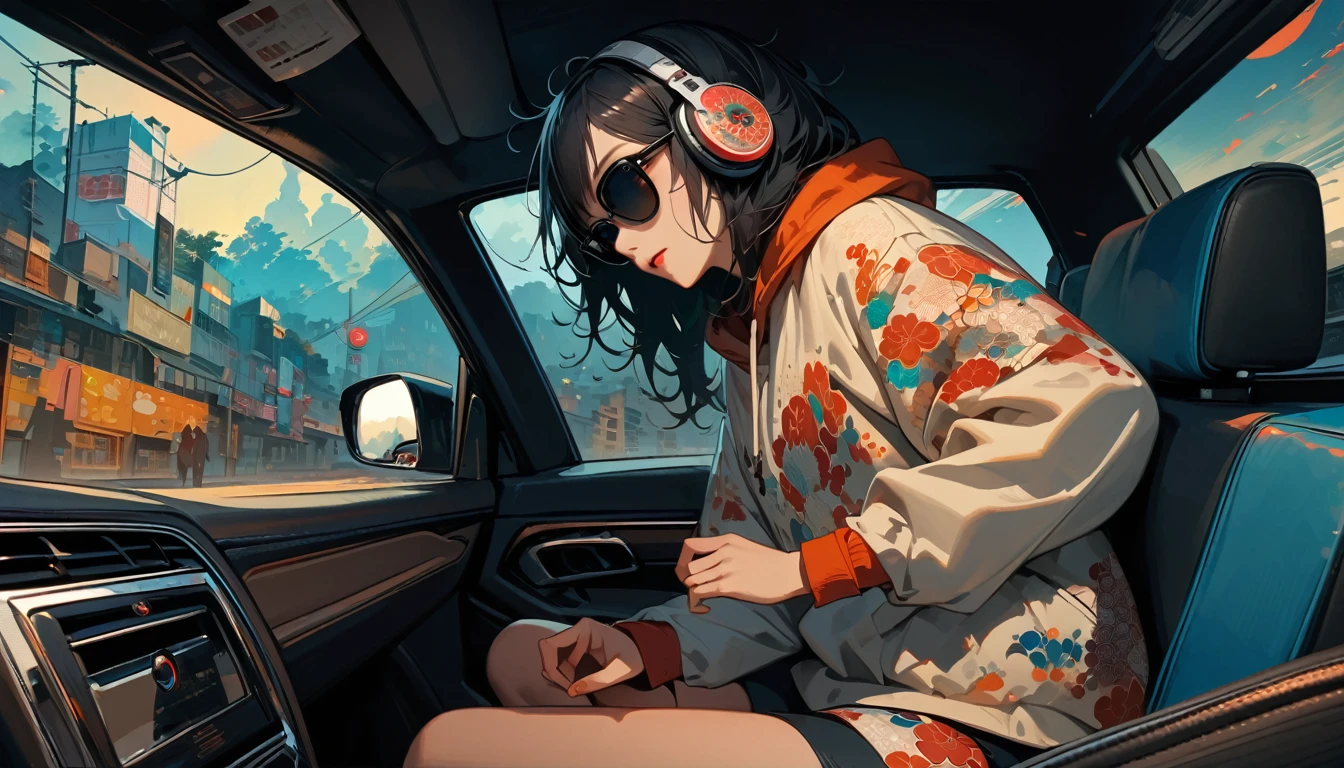 (((from behind))), ((8k of extremely detailed CG unit, Masterpiece, high resolution, highest quality, highest quality real texture skin)), (wearing Japanese pattern headphones), ((1 girl)), (((Listening to music in the car))), (((sunglasses))), (Japanese pattern hoodie, Japanese-style shorts), (Black hair, messy hair, beige skin), (Surreal, digital painting), Midnight