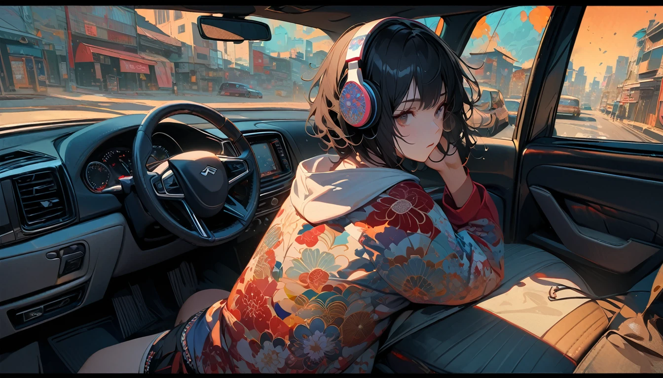 (((from behind))), ((8k of extremely detailed CG unit, Masterpiece, high resolution, highest quality, highest quality real texture skin)), (wearing Japanese pattern headphones), ((1 girl)), (((Listening to music in the car))), (((sunglasses))), (Japanese pattern hoodie, Japanese-style shorts), (Black hair, messy hair, beige skin), (Surreal, digital painting), Midnight