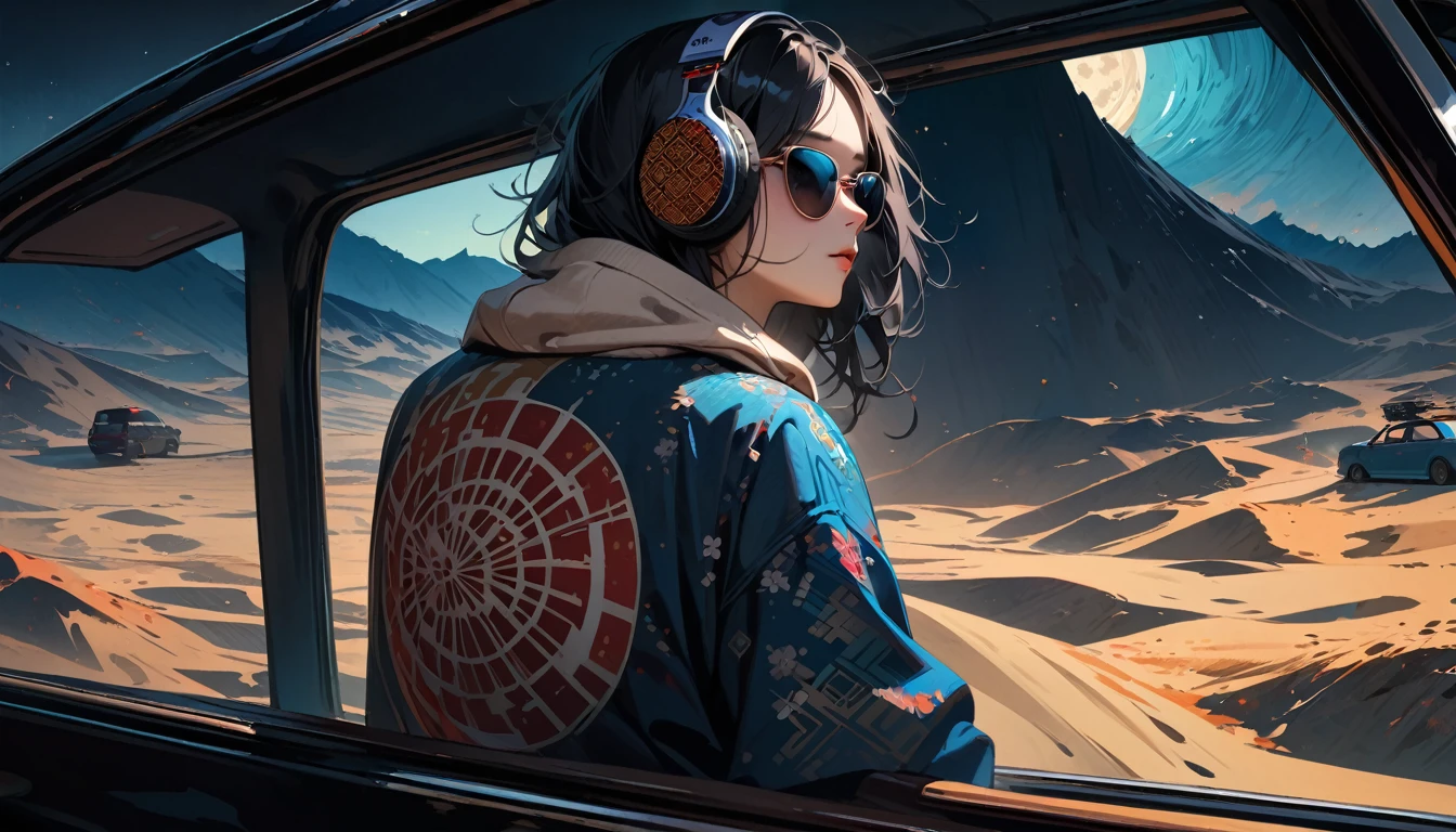 (((from behind))), ((8k of extremely detailed CG unit, Masterpiece, high resolution, highest quality, highest quality real texture skin)), (wearing Japanese pattern headphones), ((1 girl)), (((Listening to music in the car))), (((sunglasses))), (Japanese pattern hoodie, Japanese-style shorts), (Black hair, messy hair, beige skin), (Surreal, digital painting), Midnight