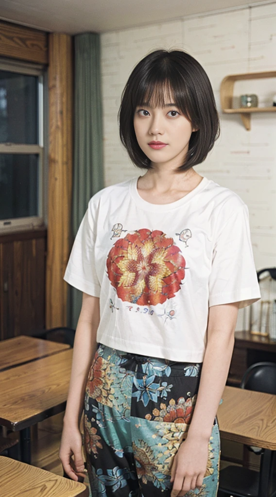 24
(Shorthair:1.23), (a 20 yo woman), (A hyper-realistic), (masutepiece), (8KUHD), Focus on the face, (Fractal Art:1.23),
Graphic T-shirt with anime characters printed, , wear long pants, (The walls of the room are fractal abstractions:1.23)