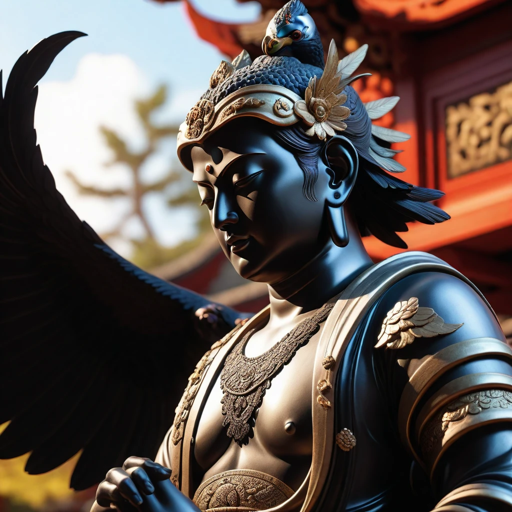 a photorealistic detailed sculpture of a Buddhist statue with a tengu crow, (best quality,8k,high res,masterpiece:1.2),ultra-detailed,(realistic,photorealistic,photo-realistic:1.37),intricate ornate details,dynamic lighting,dramatic shadows,dramatic lighting,warm color tones,cinematic composition