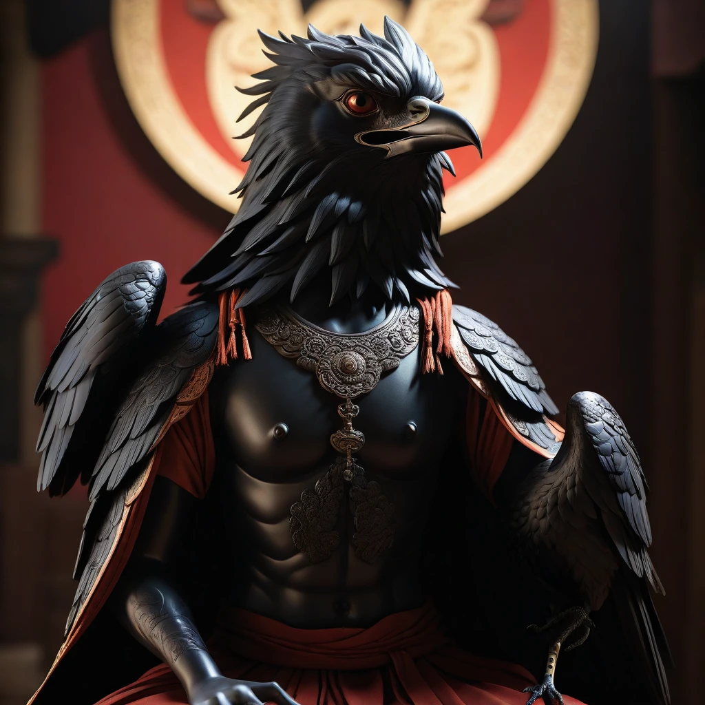 a photorealistic detailed sculpture of a Buddhist statue with a tengu crow, (best quality,8k,high res,masterpiece:1.2),ultra-detailed,(realistic,photorealistic,photo-realistic:1.37),intricate ornate details,dynamic lighting,dramatic shadows,dramatic lighting,warm color tones,cinematic composition