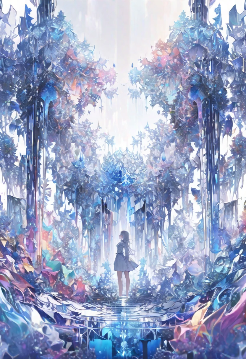 ((masterpiece)), (anime:1.3), ((Highest quality)), (Abstract art:1.5), (High resolution), (pale colour), Wide Shot, (Fractal structure:1.5), (Simple white background:1.6), landscape, (beautiful), (Biological atmosphere), deep sea, (pretty girl), (Hollow Eyes), (profile), beautiful白い髪, (Are crying), transparent Glass ice mirror Blue rose crystal