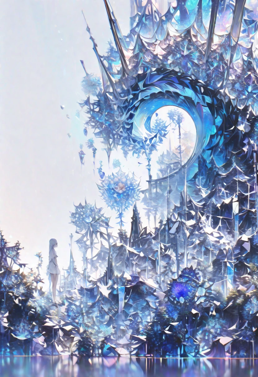 ((masterpiece)), (anime:1.3), ((Highest quality)), (Abstract art:1.5), (High resolution), (pale colour), Wide Shot, (Fractal structure:1.5), (Simple white background:1.6), landscape, (beautiful), (Biological atmosphere), deep sea, (pretty girl), (Hollow Eyes), (profile), beautiful白い髪, (Are crying), transparent Glass ice mirror Blue rose crystal