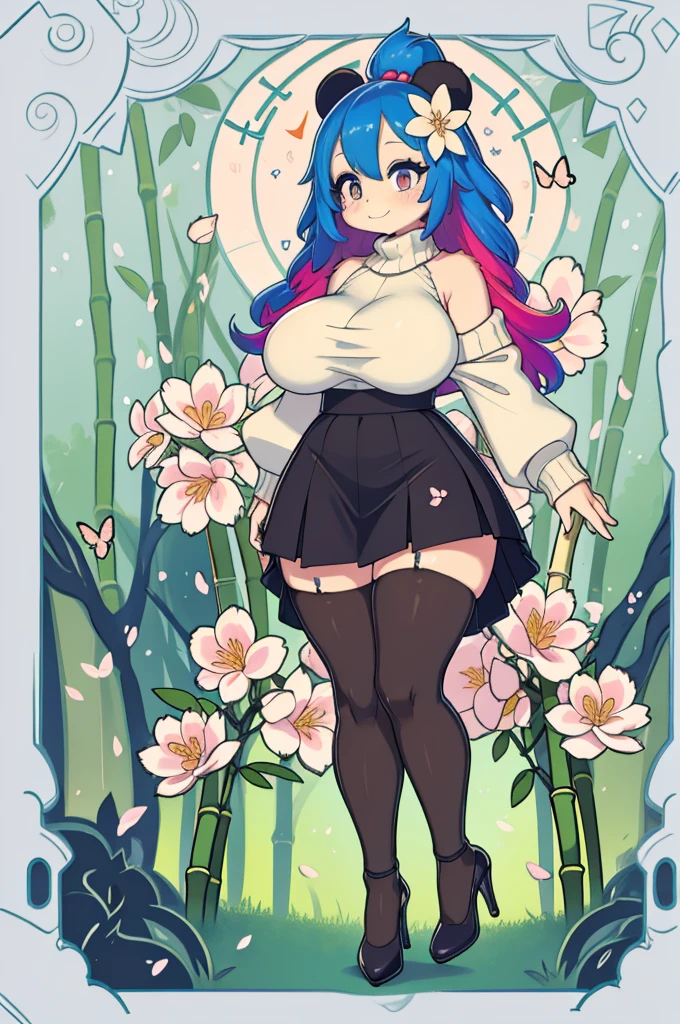 (masterpiece), best quality, expressive eyes, perfect face, 8k, panda girl, smile, (rainbow hair), (curly hair), ((cute face)), (huge breast:1.1), big waist/hips:1.3, 
BREAK, 
Knitted off-the-shoulder sweater, paired with a satin mini skirt and (opaque tights), combination of textures creates a cozy yet flirtatious outfit perfect for cooler weather, stiletto heels,
BREAK,
((Whimsical bamboo forest adorned with colorful blossoms)), where butterflies flutter around, creating a scene of pure fantasy and natural beauty,