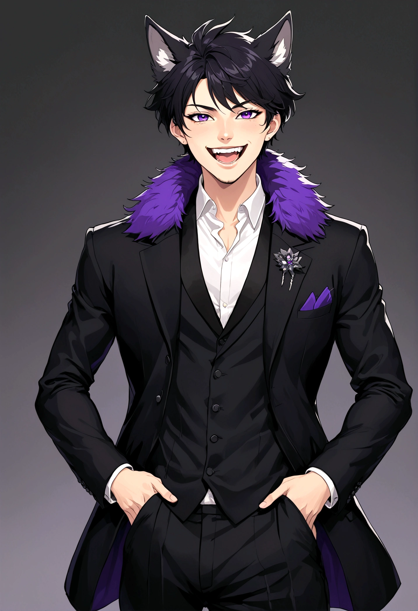 Handsome anime boy, laughing out loud,teeth,Purple Eyes,Black short hair,Wolf ears,Black suit fur collar decoration,Chest muscles,Hands in pockets,