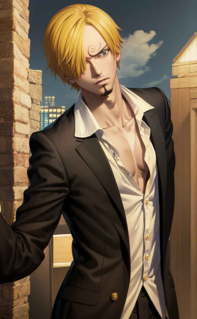 1man, sanji in anime one piece, short hair , yellow hair, black eyes, handsome, black clothes, realistic clothes, detail clothes, city background, ultra detail, realistic