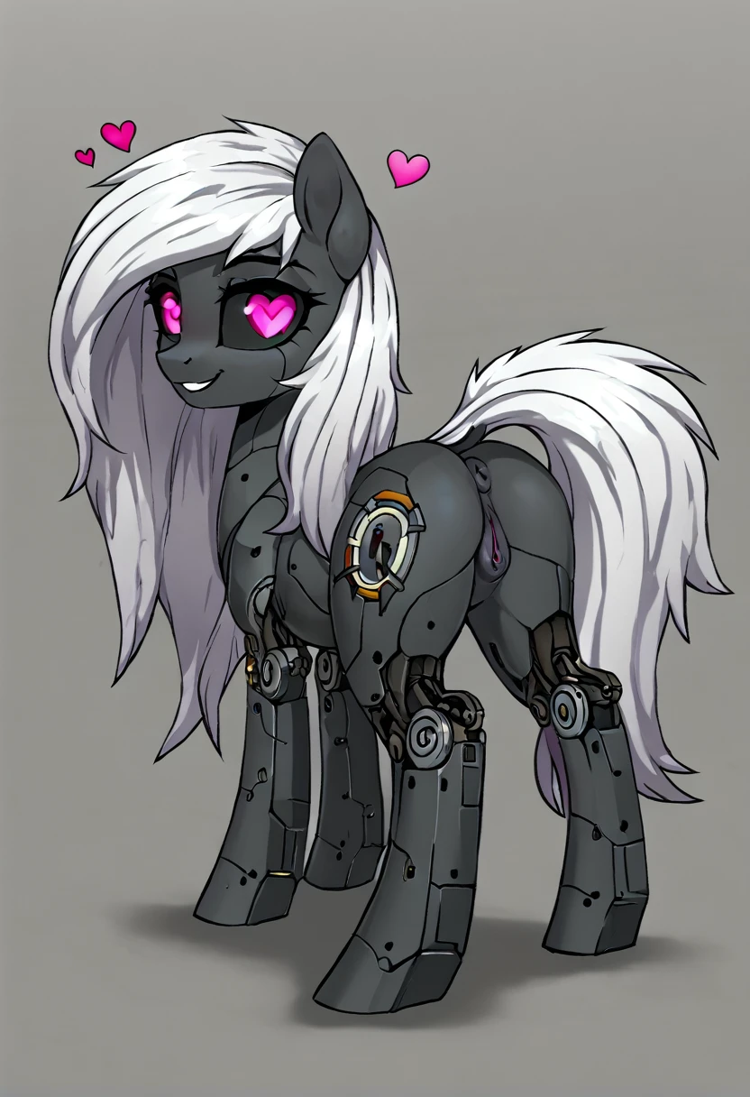 Earth pony, white mane,light blue cybernetic eyes, cybernetic body,black sclera ,black body color  long mane ,pony smiling ,horny pink heart eyes  pussy,bending over the viewer 