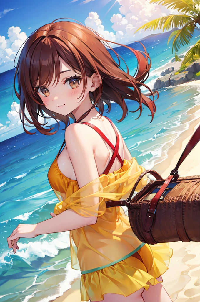 Reddish brown hair Short Bob Brown eyes beautiful girl Yellow swimsuit blue sea White sand beach Light of the sun smile