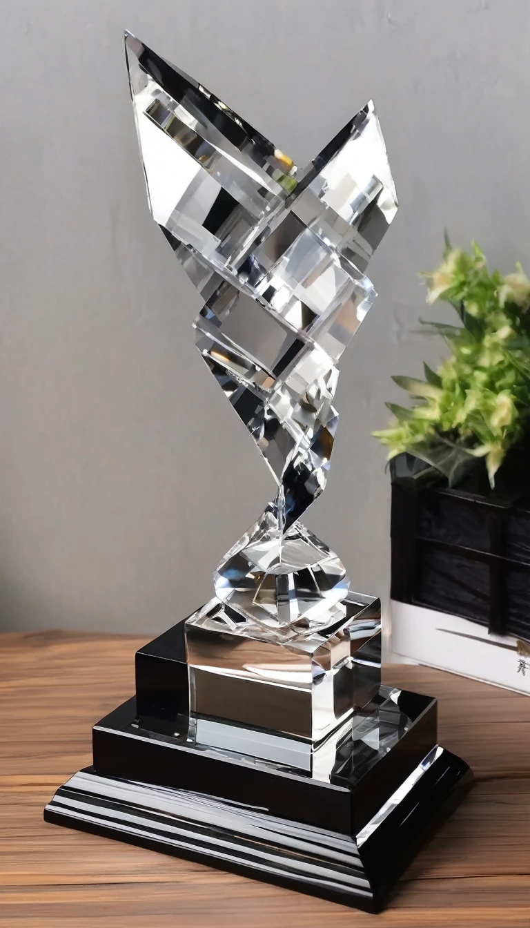A cool trophy;Made of crystal and black metal,Beautiful curves,Fashion造型;Wooden square base,There is a metal nameplate on the base;Simplicity,Fashion,Feature,White background,Front view。