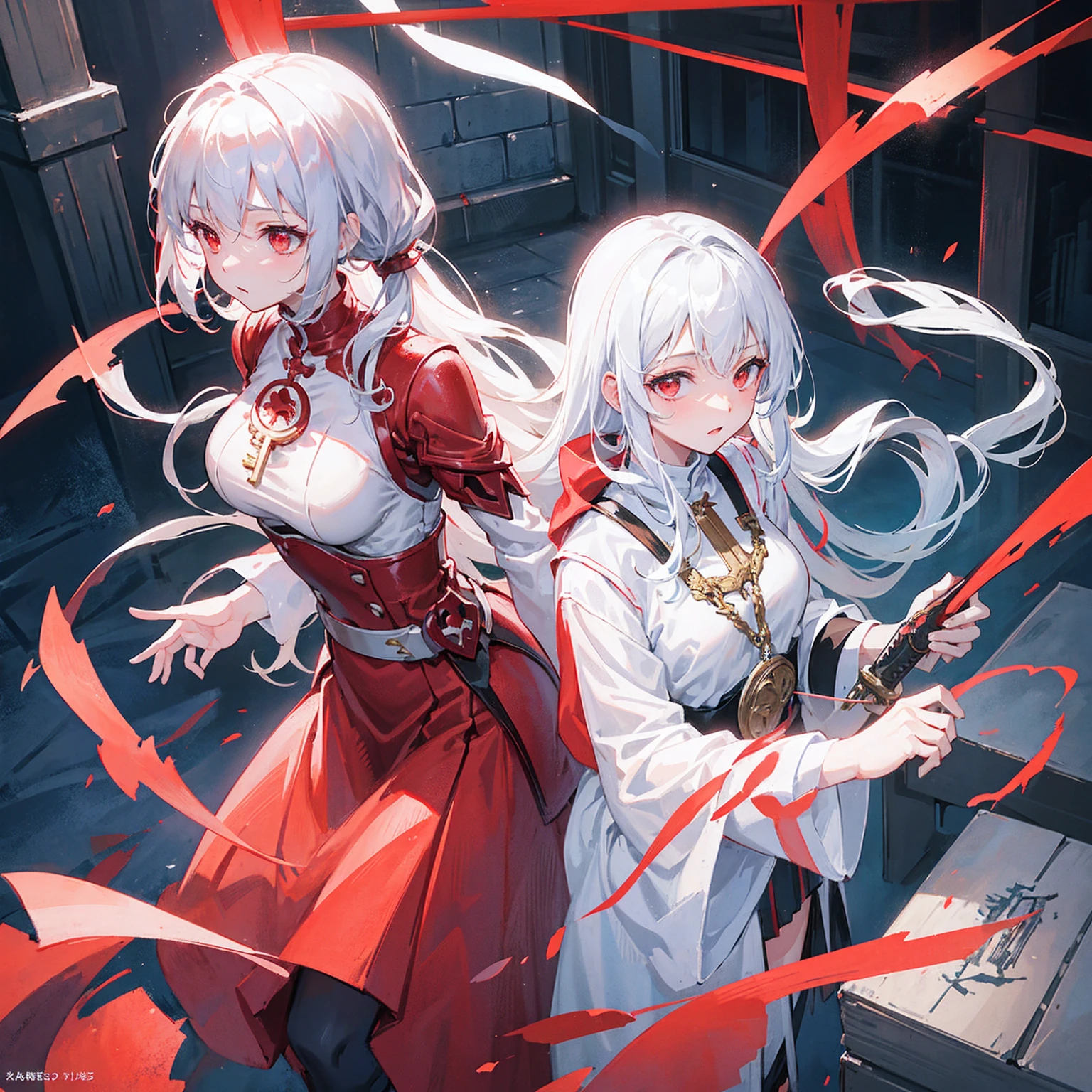 Wearing a red and white dress、anime girl holding sword, Highly detailed official artwork, Epic Light Novel Cover Art, epic Light novel cover art, Silver and red armor, guweiz on pixiv artstation, Anime style 4K, Detailed key animation art, Light novel cover art, Anime Fantasy Artwork,White hair and red eyes,Side Ponytail,Waist-length hair,one person,Portraiture,Look forward