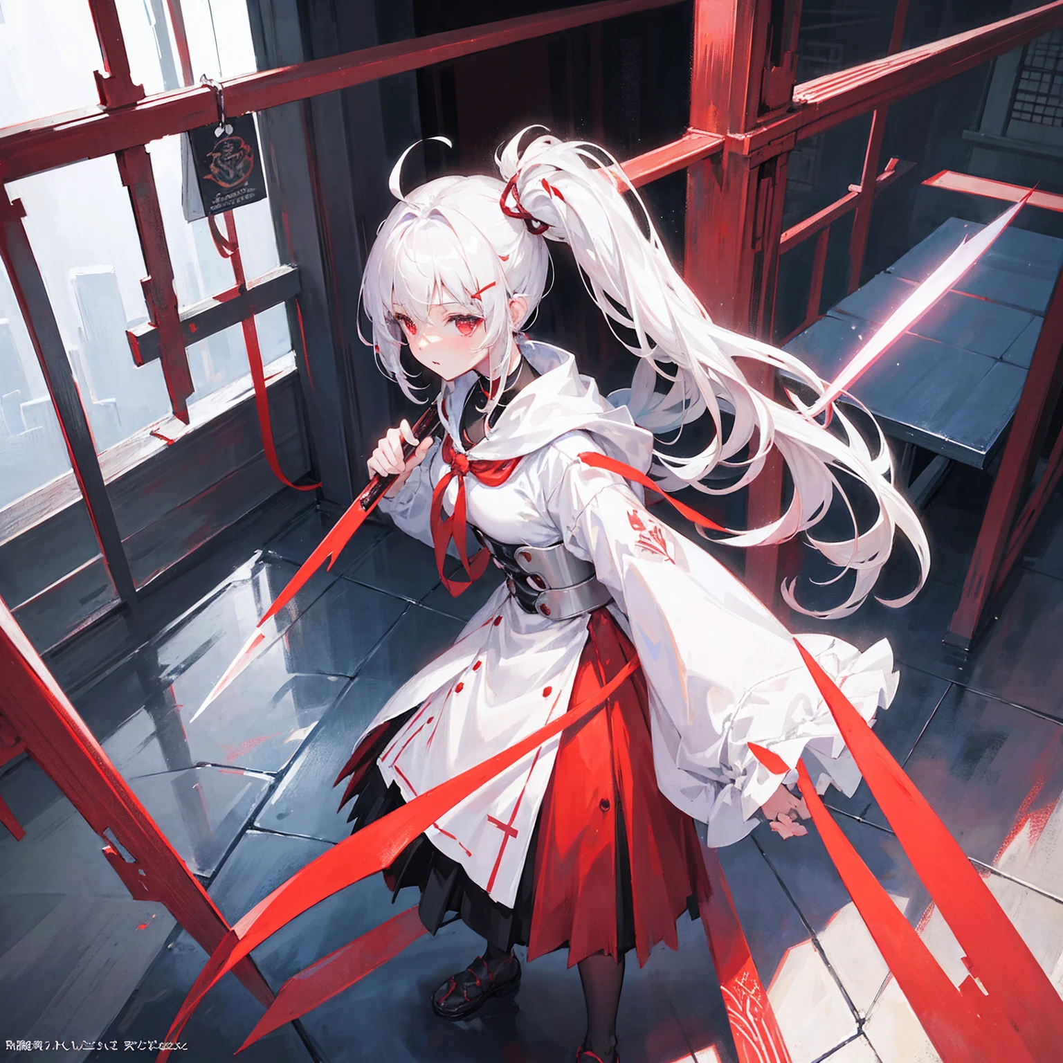 Wearing a red and white dress、anime girl holding sword, Highly detailed official artwork, Epic Light Novel Cover Art, epic Light novel cover art, Silver and red armor, guweiz on pixiv artstation, Anime style 4K, Detailed key animation art, Light novel cover art, Anime Fantasy Artwork，White hair and red eyes，Side Ponytail，Waist-length hair，one person，Portraiture，Look forward