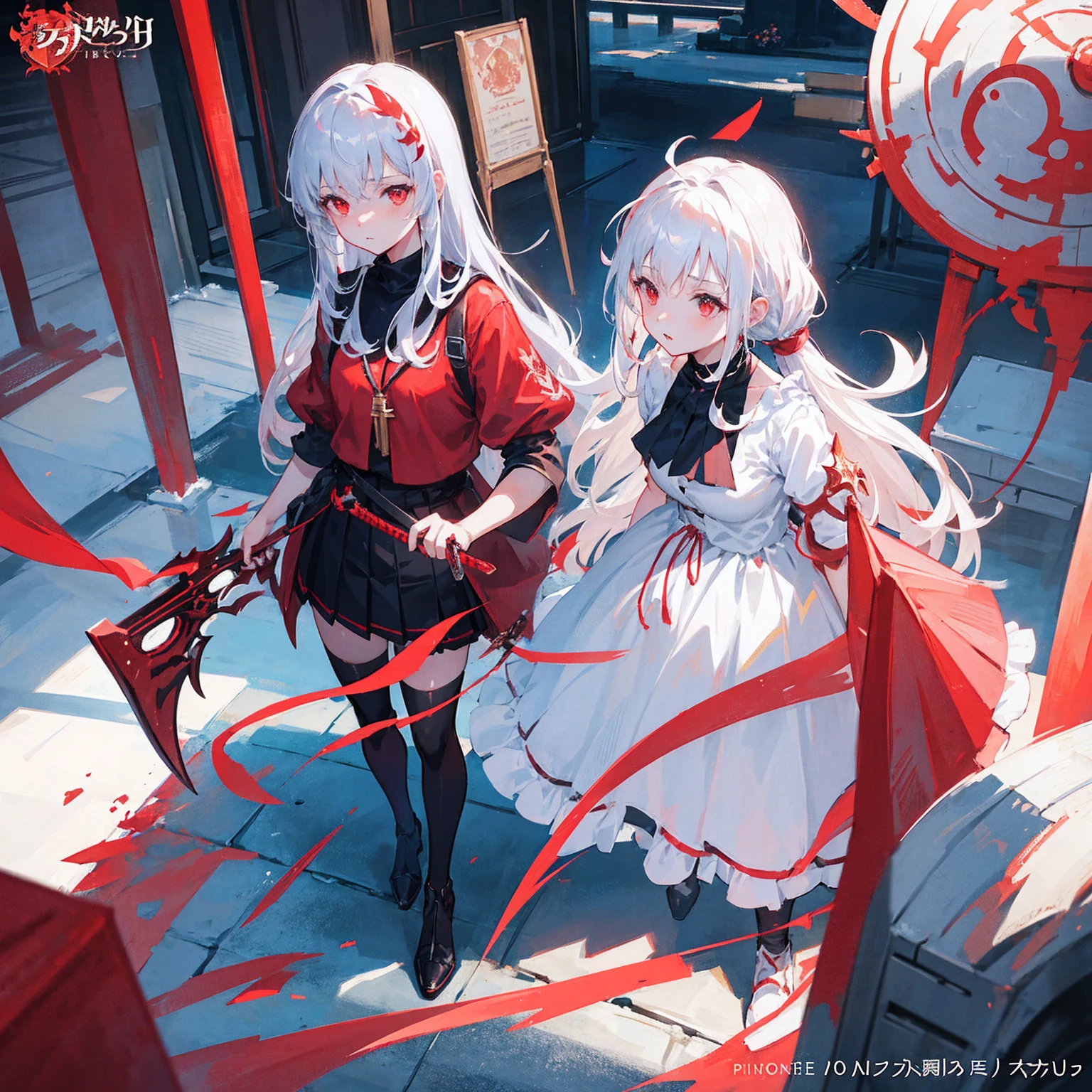 Wearing a red and white dress、anime girl holding sword, Highly detailed official artwork, Epic Light Novel Cover Art, epic Light novel cover art, Silver and red armor, guweiz on pixiv artstation, Anime style 4K, Detailed key animation art, Light novel cover art, Anime Fantasy Artwork,White hair and red eyes,Side Ponytail,Waist-length hair,one person,Portraiture,Look forward