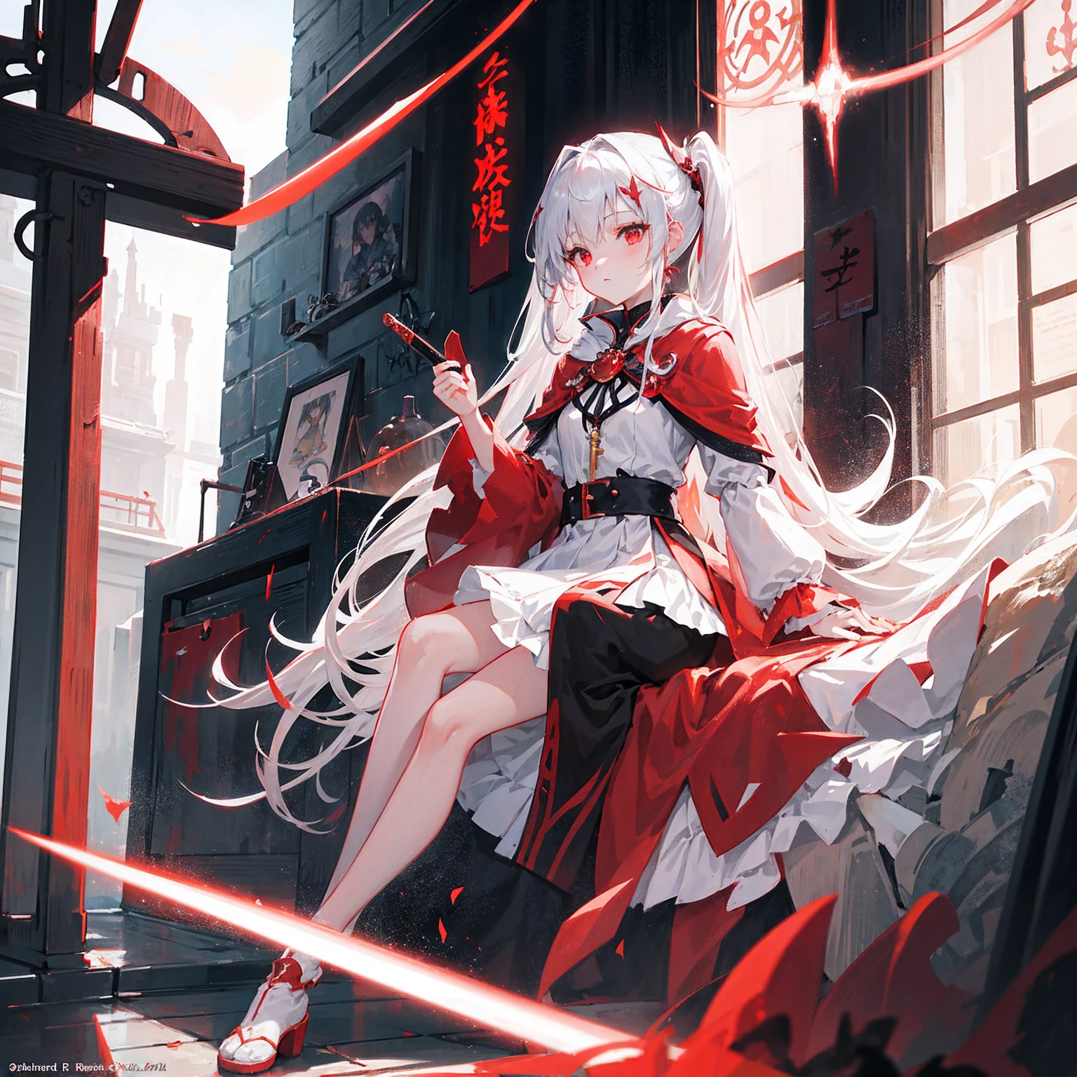 Wearing a red and white dress、anime girl holding sword, Highly detailed official artwork, Epic Light Novel Cover Art, epic Light novel cover art, Silver and red armor, guweiz on pixiv artstation, Anime style 4K, Detailed key animation art, Light novel cover art, Anime Fantasy Artwork，White hair and red eyes，Side Ponytail，Waist-length hair，one person，Portraiture，Look forward