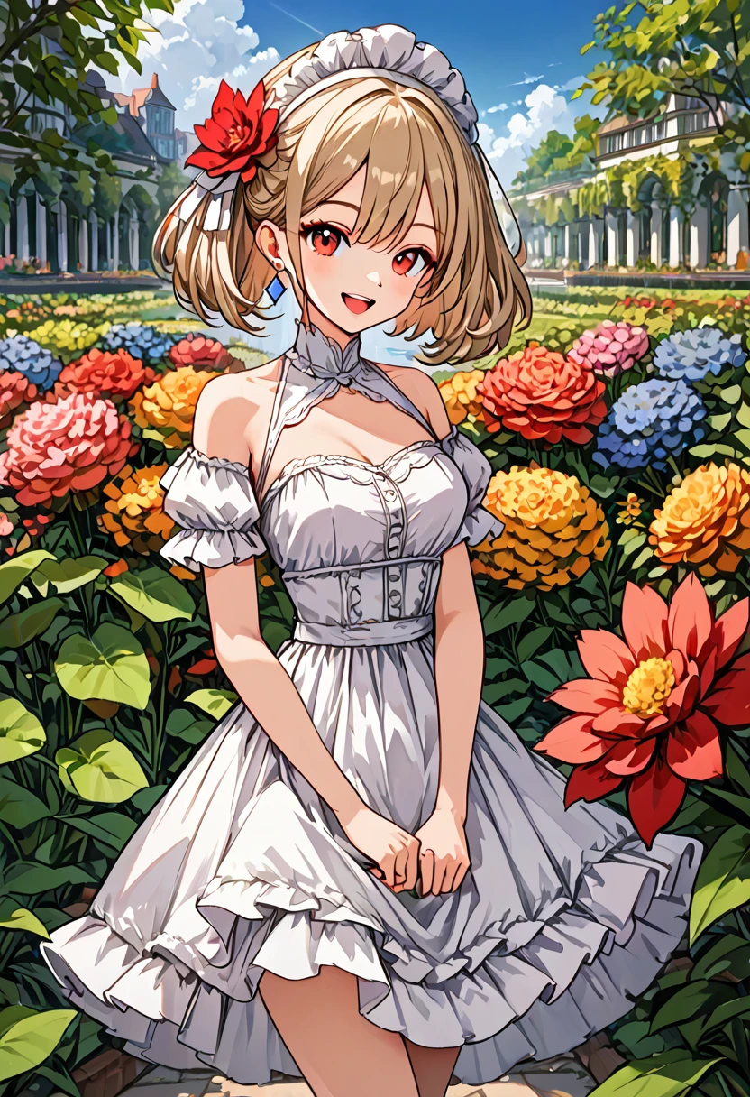 1girl, ultra high res ,looking at viewer , white dress, red eyes, garden background, smile, open mouth, strawhat