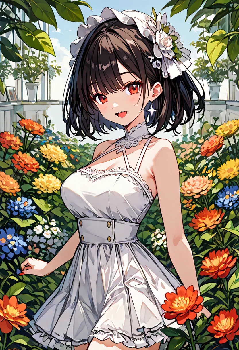 1girl, ultra high res ,looking at viewer , white dress, red eyes, garden background, smile, open mouth, strawhat