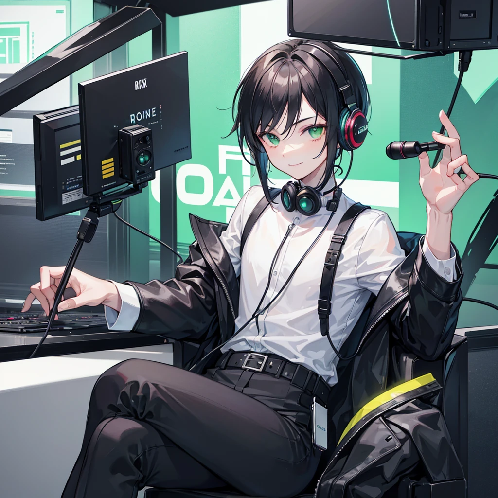 A young man with BLACK hair, Green eyes wearing headphones, sitting in a chair talking into a microphone. He is smiling. Radio personality. Refreshingly cute and handsome.icon Face focus