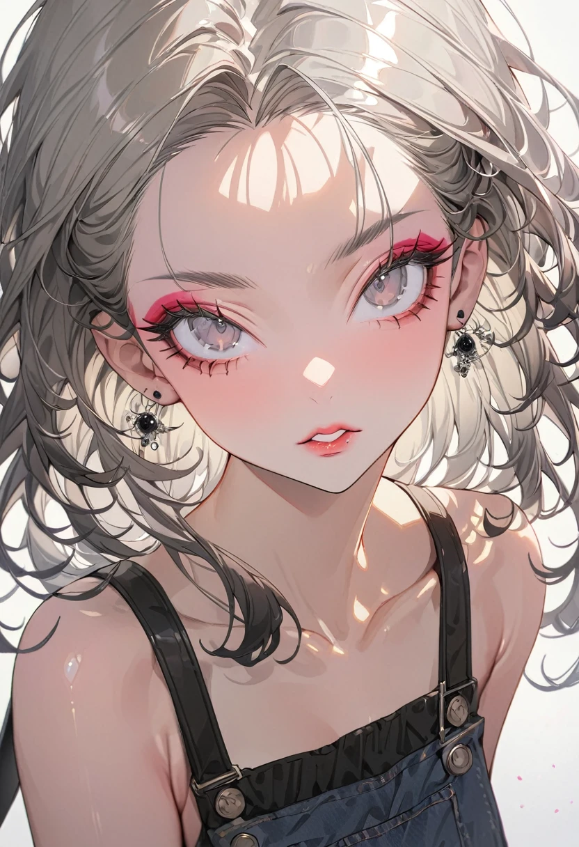 (Highest quality,Super detailed,High resolution:1.2),beautiful woman with perfect face,very_Long eyelashes, Detailed lips, Cool look, Soft Skin, Shiny Hair,Exquisite makeup,Heavy bangs,Double teeth,Dilated grey eyes,Black berry shorthair,Wearing overalls