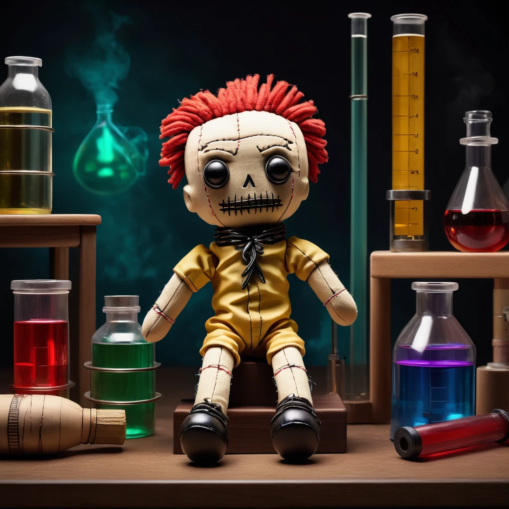 (knitted toy voodoo doll:1.8), sitting on a podium, solid color around, (Walter White from Breaking Bad:1.0), in Walter White clothes, against the backdrop of a dark laboratory with chemical test tubes, best quality, masterpiece, detailed soft oil painting, detailed background, dramatic cinematic lighting, soft edge lighting, professional, dramatic lighting, hard edge lighting, ultra quality, 4k, masterpiece, best quality, 8k, ultra high definition, high resolution, extremely detailed