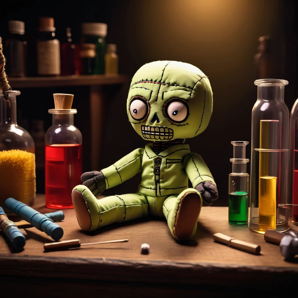 (knitted toy voodoo doll:1.8), sitting on a podium, solid color around, (Walter White from Breaking Bad:1.0), in Walter White clothes, against the backdrop of a dark laboratory with chemical test tubes, best quality, masterpiece, detailed soft oil painting, detailed background, dramatic cinematic lighting, soft edge lighting, professional, dramatic lighting, hard edge lighting, ultra quality, 4k, masterpiece, best quality, 8k, ultra high definition, high resolution, extremely detailed