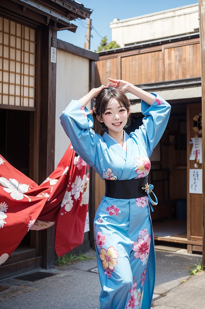 A beautiful smiling woman in a kimono greets people with a cheerful "Good morning" as she dances with her arms open under the blue sky