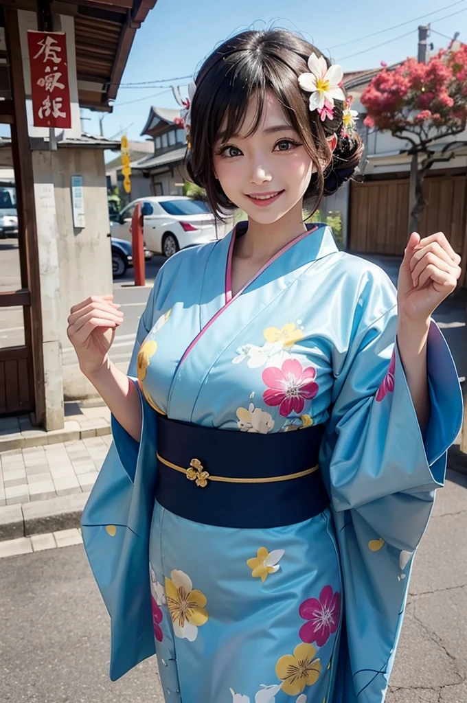 A beautiful smiling woman in a kimono greets people with a cheerful "Good morning" as she dances with her arms open under the blue sky