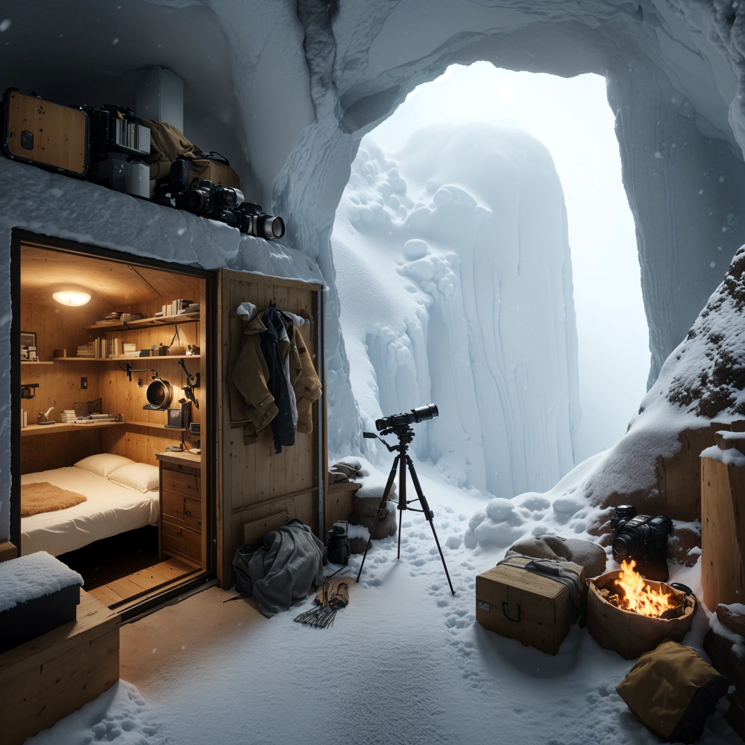 There is a room，There is a bed and a camera inside, Snow cave, made in Unreal Engine 5, Unreal Engine. Stills, Rendering with Unreal Engine 5, created in Unreal Engine 5, Philip Hodas&#39;s Artistic Style, Adventure surrealistic rendering, rendered in Unreal Engine 5, matte painting Unreal Engine, Cryengine 8K rendering, cinematic render Unreal Engine