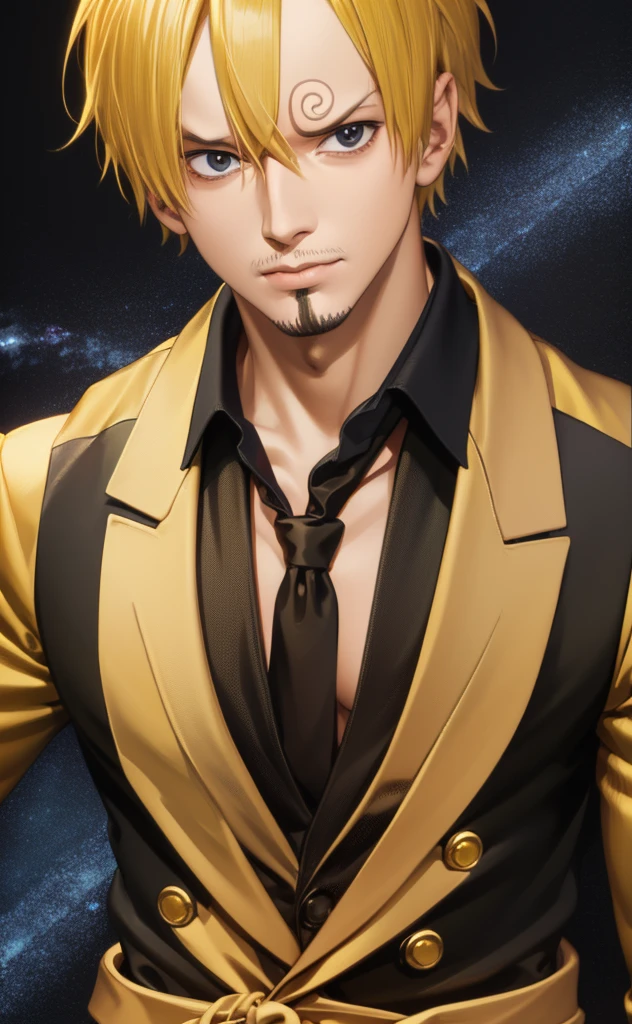 1man, sanji in anime one piece, short hair , yellow hair, black eyes, handsome, black clothes, realistic clothes, detail clothes, sky background, ultra detail, anime