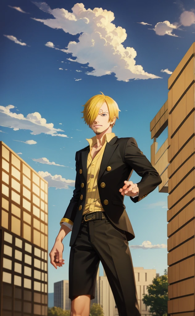 1man, sanji in anime one piece, short hair , yellow hair, black eyes, handsome, black clothes, realistic clothes, detail clothes, sky background, ultra detail, anime