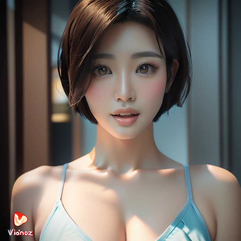 A fifty-something Asian woman with very large breasts poses for a photo, Soft Portrait Shot 8k, beautiful south Korean women, beautiful young Korean women, Short hair, Korean women, Smooth 3D CG Rendering, Urop and Rostran, 8K Portrait Rendering, Victor Wang, Beautiful Asian Girl、Photorealistic、Round eyeore baby-faced Bigger eyes、Japanese women、masterpiece、Surprised eyes