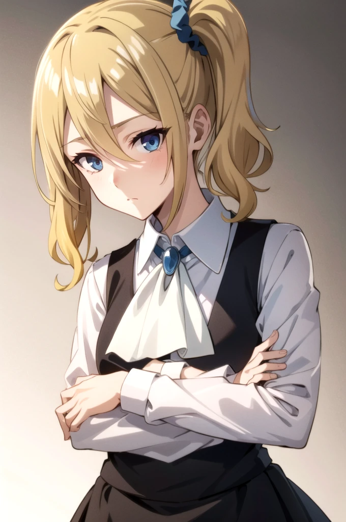 tall body, tall, long legs, mature female, mature, adult
 Hayasaka_LIW, 1girl, hayasaka ai, blue scrunchie, solo, blonde hair, blue eyes, hair scrunchie, scrunchie, hair between eyes, hair ornament, shirt, side ponytail, white shirt, closed mouth, bangs, collared shirt, white ascot, upper body, , brown background, vest, ascot,, black vest, jewelry, shuuchiin academy , sidelocks, brooch, expressionless, gradient background, maid, gradient, looking at viewer