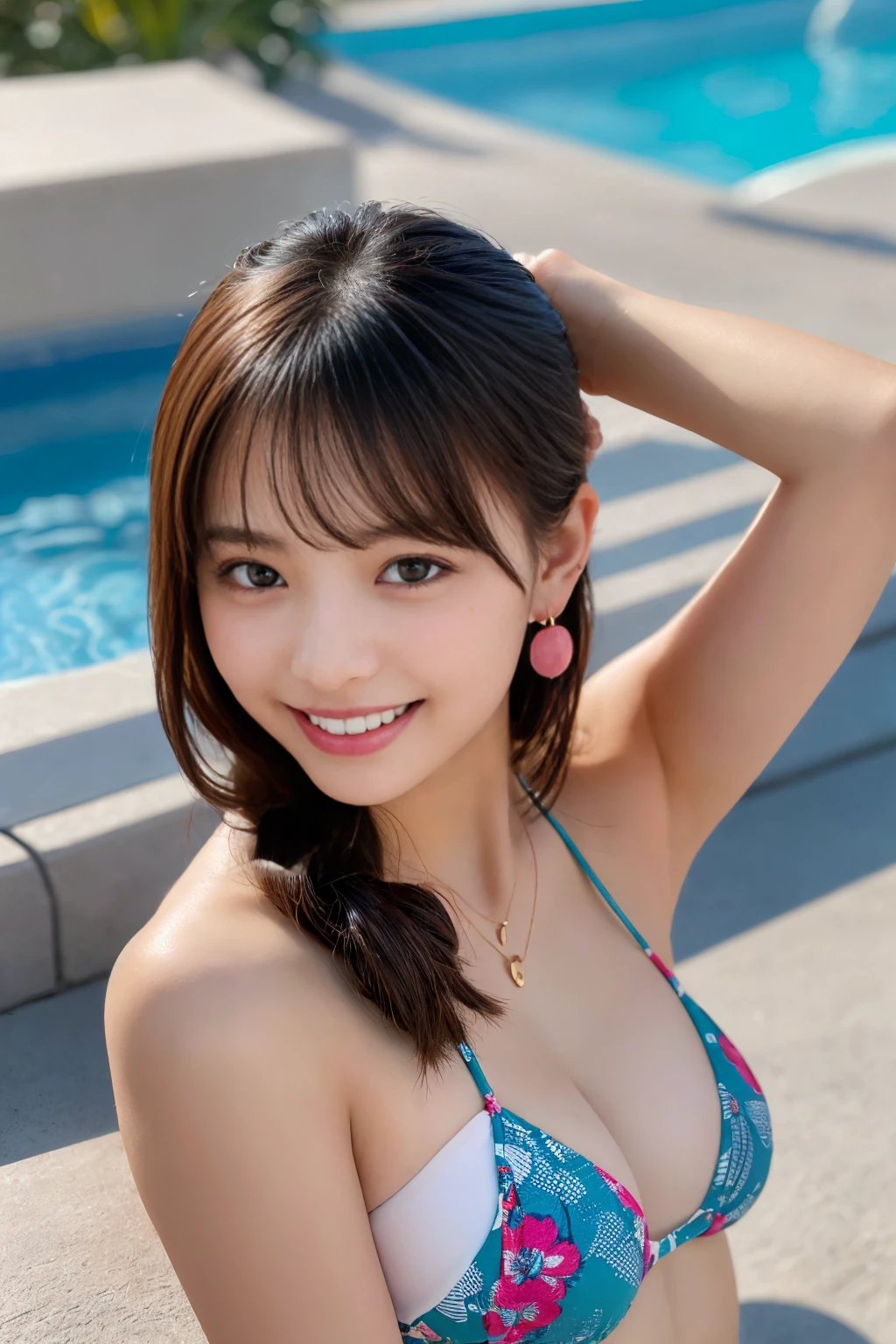 ((1 to 3girls:1.3)), It shows a woman in a rooftop pool, adding to the peaceful and relaxing atmosphere. Bird's eye view, the composition captures a young female subject in the foreground of the picture, masutepiece, Best Quality, Ultra-detailed, finely detail, 8K, Detailed eyes, blurry background, thick lips, Random  shapes, random vivid color , Random hairstyle, Random facial expression, Random pose, Gravure photography, Gravure pose, looking at viewer, Random angle shot, ((smile＋happy:1.3)), middle  size, style like a model, Natlural Color Lip, idol, (Ear Ring:1.1), necklace, , Natural Color Lip, Random and cute poses,Random number of people from 1 to 4,Beach Resort、 