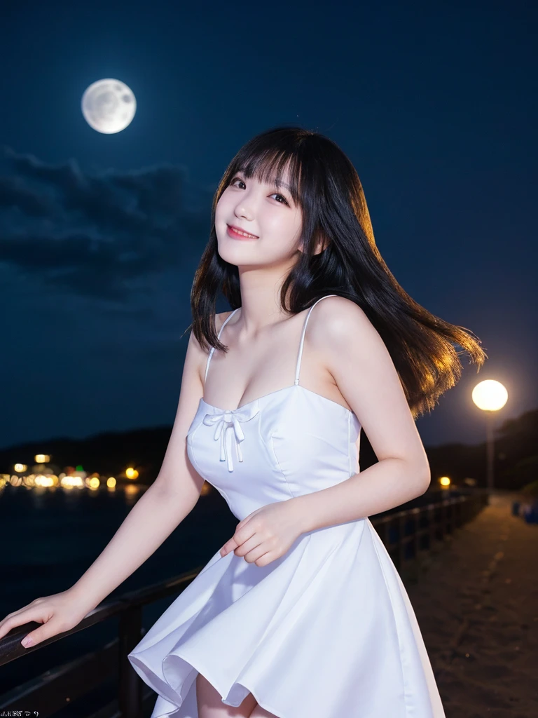 (Highest quality,masterpiece:1.3,Ultra-high resolution),(Very detailed,Caustics,8k),(Realistic:1.4,RAW shooting),(night),(night空),(Starry Sky),(full moon),(Beach),(full moonを見上げる女の子1人),Are standing,20-year-old,cute,Japanese,(smile),Long black hair,Strong winds,(Hair blowing in the wind),(White Dress),(Big Breasts),Natural light,moonlight,(Side Shot),(Bust up shot),(Low position),(Low - Angle)