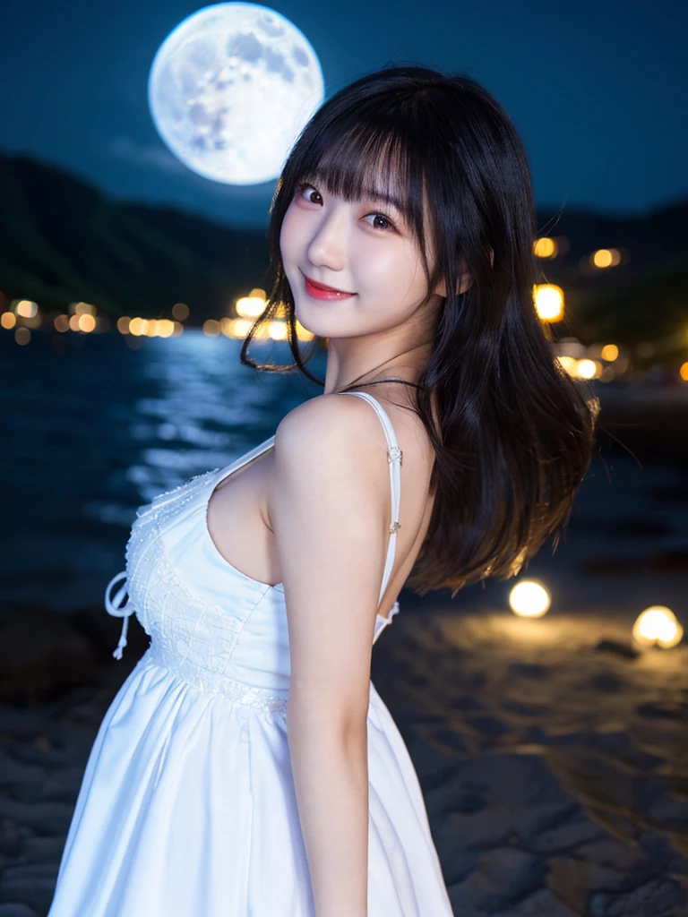 (Highest quality,masterpiece:1.3,Ultra-high resolution),(Very detailed,Caustics,8k),(Realistic:1.4,RAW shooting),(night),(night空),(Starry Sky),(full moon),(Beach),(full moonを見上げる女の子1人),Are standing,20-year-old,cute,Japanese,(smile),Long black hair,Strong winds,(Hair blowing in the wind),(White Dress),(Big Breasts),Natural light,moonlight,(Side Shot),(Bust up shot),(Low position),(Low - Angle)