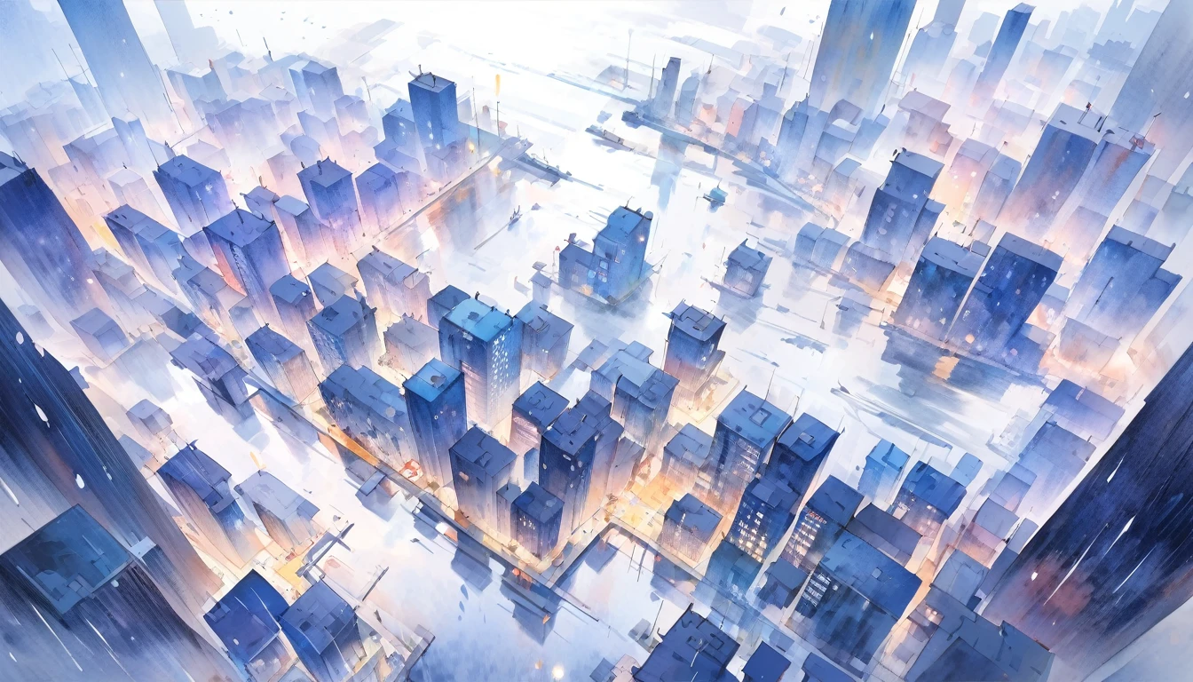 ((masutepiece)), ((best quality)), (abstract art:1.4), (High Definition), from above, (watercolor painting:1.3), pale blue, wide shot, (cold atmosphere), (raindrops), drop of water, Rain, (simple white background:1.2), cityscape,