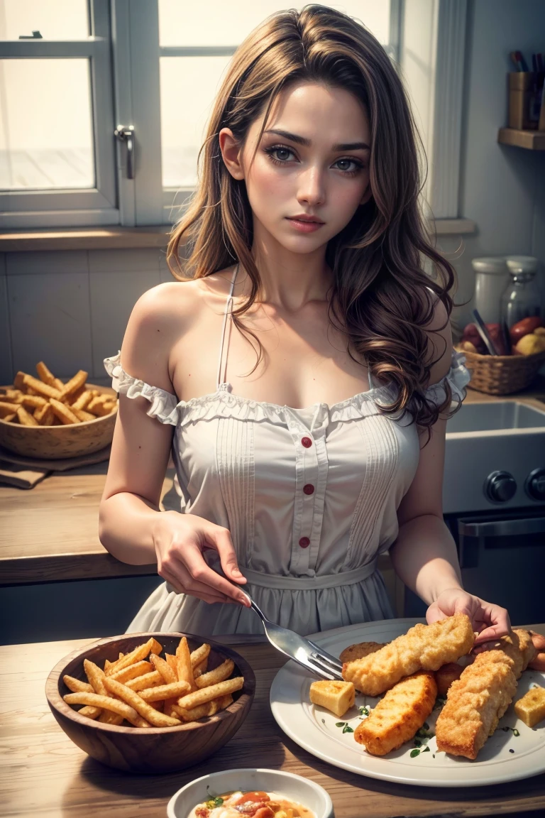 ((masterpiece, highest quality, Highest image quality, High resolution, photorealistic, Raw photo, 8K)), ((Extremely detailed CG unified 8k wallpaper)), there is a plate of Seagull Fish and Chips and a sandwich, style of chippy, inspired by Chippy, full subject shown in photo, by John Henderson, very crispy, half fish, battered, yummy, crispy, crisp and sharp, alabama, full plate, nugget and sausage on plate, gushy gills and blush,