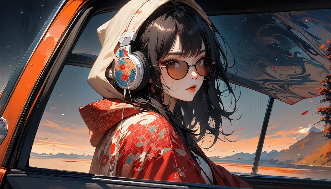 (((from behind))), ((8k of extremely detailed CG unit, Masterpiece, high resolution, highest quality, highest quality real texture skin)), (wearing Japanese pattern headphones), ((1 girl)), (((Listening to music in the car))), (((sunglasses))), (Japanese pattern hoodie, Japanese-style shorts), (Black hair, messy hair, beige skin), (Surreal, digital painting), Midnight