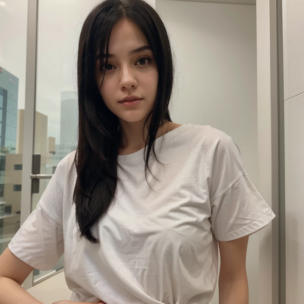 one girl, white skinned, straight black hair , short-sleeved brown shirt