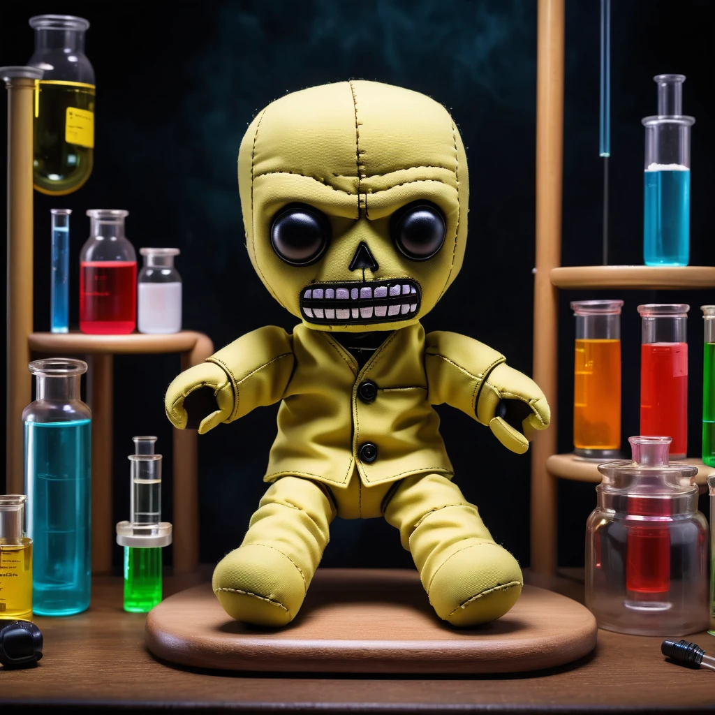 (knitted toy voodoo doll:1.6), sitting on a podium, solid color around, (Walter White from Breaking Bad:1.0), in Walter White clothes, against the backdrop of a dark laboratory with chemical test tubes, best quality, masterpiece, detailed soft oil painting, detailed background, dramatic cinematic lighting, soft edge lighting, professional, dramatic lighting, hard edge lighting, ultra quality, 4k, masterpiece, best quality, 8k, ultra high definition, high resolution, extremely detailed